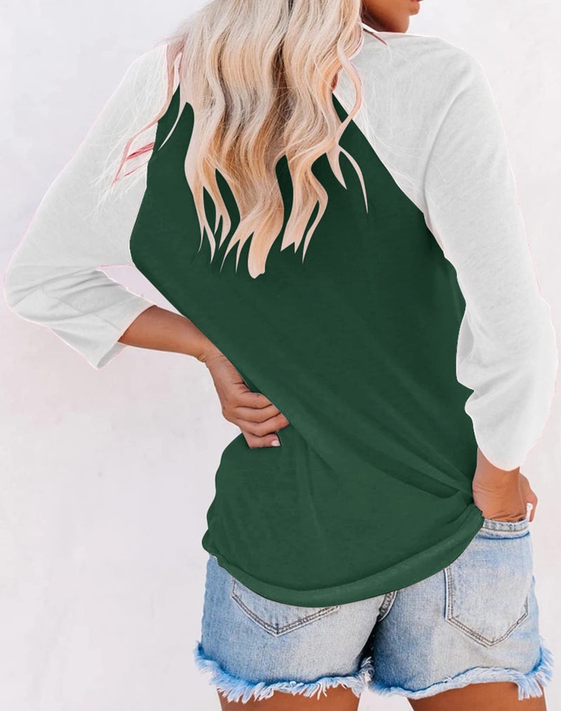 Bingerlily Women's Casual T-Shirts 3/4 Sleeve Color Block Cute Tops Comfy Blouses (Green,X-Large) - Image 3